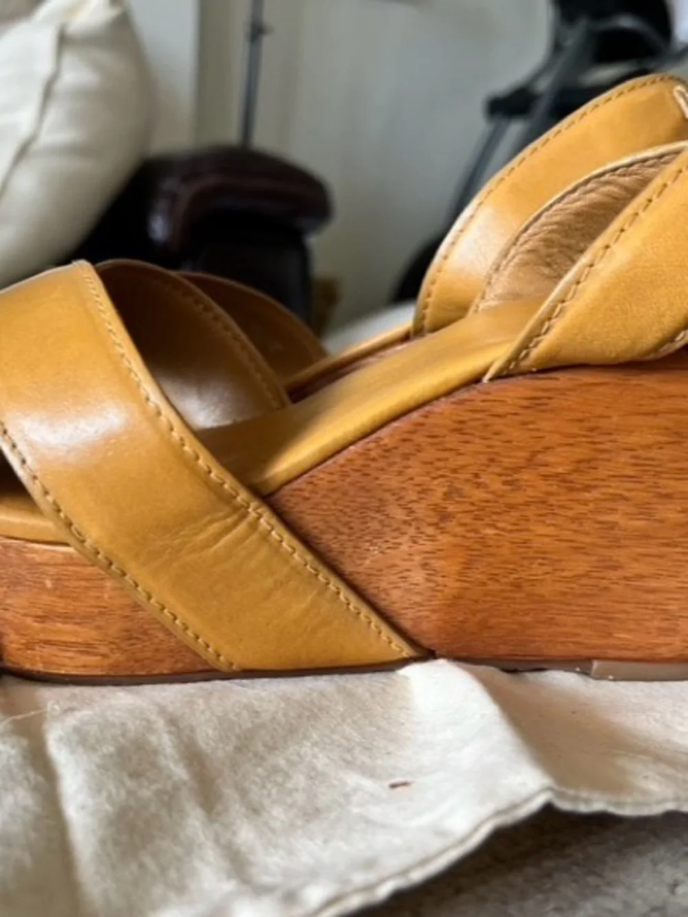 Tory Burch Mustard Tan Leather Wedge Sandals